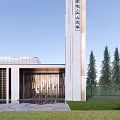 Modern Sales Office Building With Glass Curtain Wall And Water Feature Courtyard