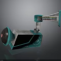 Teal Mechanical Device Components With Horn Shaped Top Colorful Stripes And Square Base