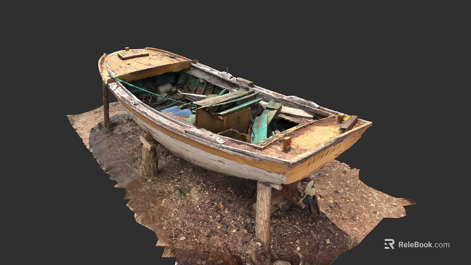 Old Wooden Boat on Wooden Stands with Weathered Planks and Dirt Ground 3d model 