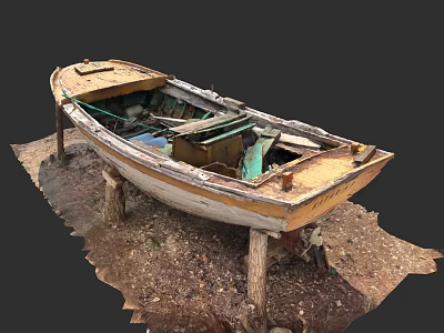 Old Wooden Boat on Wooden Stands with Weathered Planks and Dirt Ground 3d model