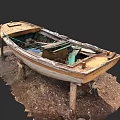 Old Wooden Boat on Wooden Stands with Weathered Planks and Dirt Ground