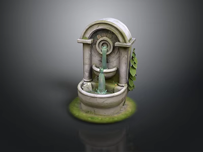Decorative Stone Two Tiered Fountain With Leaf Accents And Grass Base 3d model