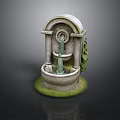 Decorative Stone Two Tiered Fountain With Leaf Accents And Grass Base