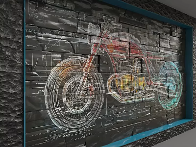 Brick Background Wall With Colorful Motorcycle Design And Blue Frame 3d model