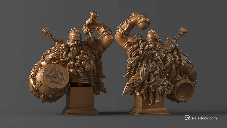 Intricate Detailed Bronze Character Sculpture Carving With Ornate Beard Weapon And Base 3d model 