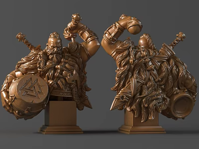 Intricate Detailed Bronze Character Sculpture Carving With Ornate Beard Weapon And Base 3d model