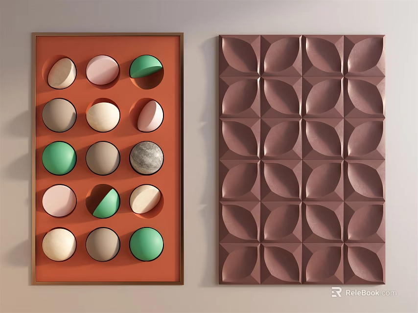 Modern Wall Art With Orange Background Multiple Round Shapes And Brown Grid Pattern Petal Indentations 3d model