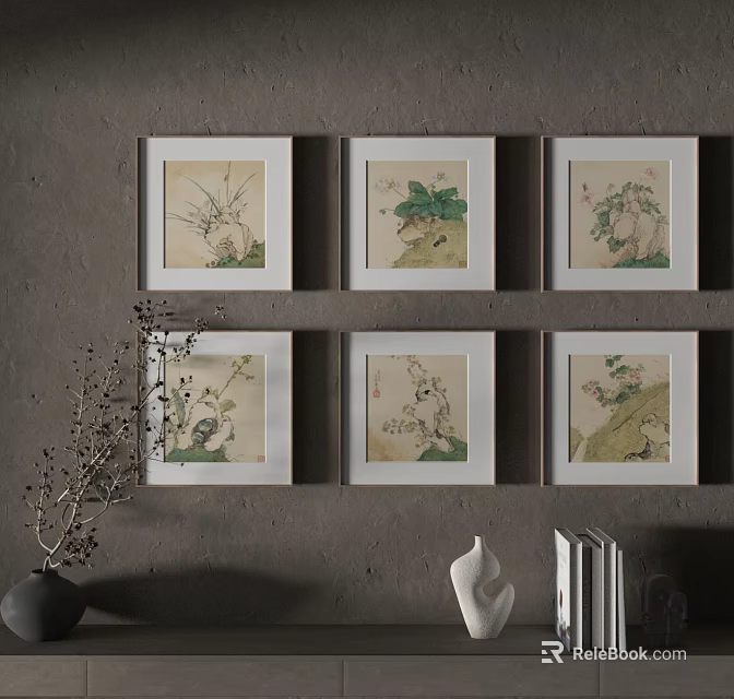 Six Botanical Paintings With White Frames On Gray Wall And Decorative Elements 3d model 