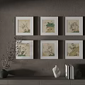 Six Botanical Paintings With White Frames On Gray Wall And Decorative Elements