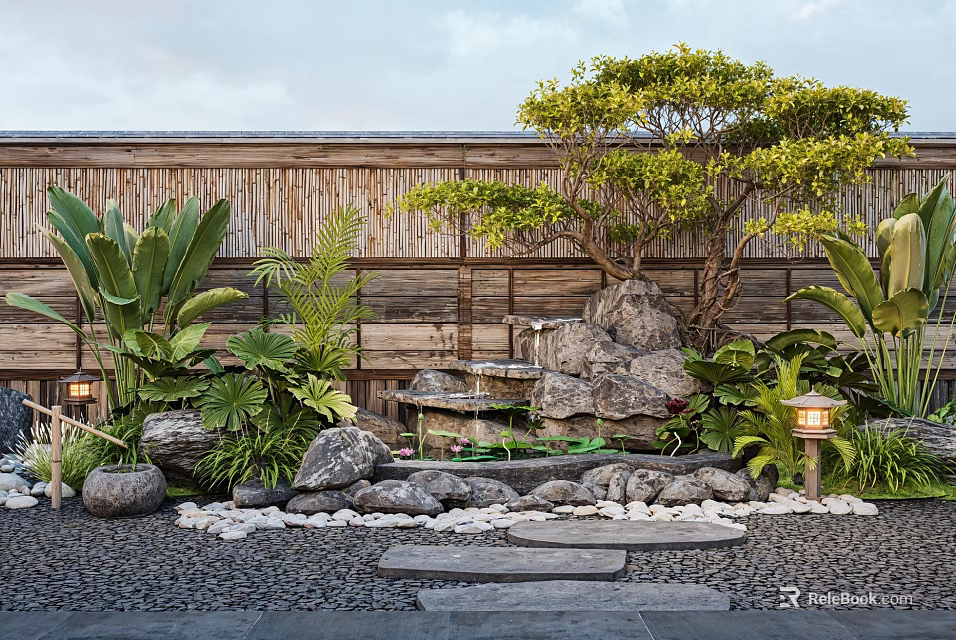 Tropical Courtyard Garden With Wooden Wall Lush Green Plants Fountain Rocks And Stone Path 3d model 