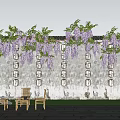 Blooming Wisteria Vines Over Ancient Wall With Hanging Lanterns And Wooden Chairs On Stone Pavement