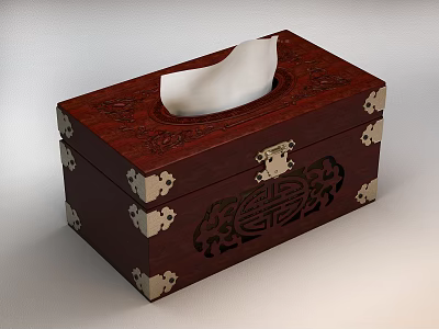 Wooden Carved Tissue Box With Decorative Patterns And Metal Accents For Household Use 3d model