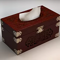 Wooden Carved Tissue Box With Decorative Patterns And Metal Accents For Household Use