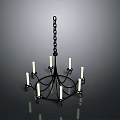 Black Metal Chandelier With Candle Shaped Lights And Hanging Chain Design