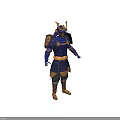 Samurai Warrior Character In Blue Armor With Dragon Helmet And Golden Decorations Belt Boots