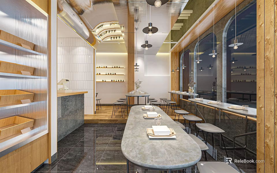 Modern Restaurant Interior Design With Long Gray Countertop Bar Stools Pendant Lights And Wine Racks 3d model 