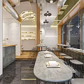 Modern Restaurant Interior Design With Long Gray Countertop Bar Stools Pendant Lights And Wine Racks