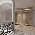 Elegant Elevator Lobby With Marble Floor Metal Doors And Wrought Iron Railing
