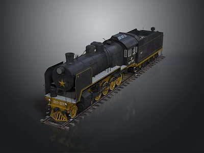 Vintage Black Steam Train Model With Yellow Accents Star And Railway Track 3d model