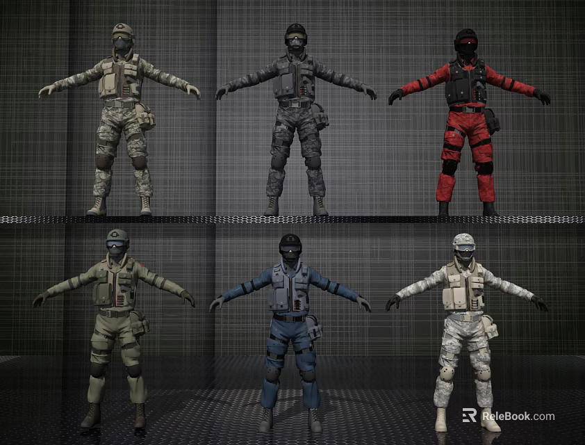 Men in Tactical Military Outfits Displaying Various Color and Style Options 3d model 