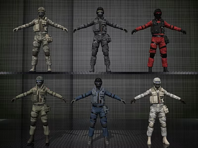 Men in Tactical Military Outfits Displaying Various Color and Style Options 3d model