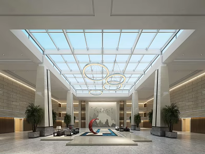 Modern Office Corridor Design With Glass Skylight Pendant Lights Marble Floor And Green Plants 3d model