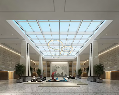 Modern Office Corridor Design With Glass Skylight Pendant Lights Marble Floor And Green Plants 3d model