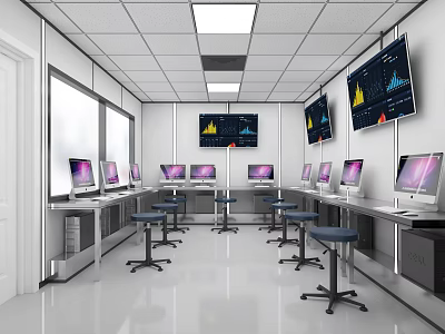 Modern Monitoring Room Interior With Multiple Computer Monitors And Large Wall Screens Displaying Data Charts 3d model