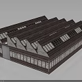 Industrial Style Building With Sloped Roofs Skylights Red Brick Exterior And Windows