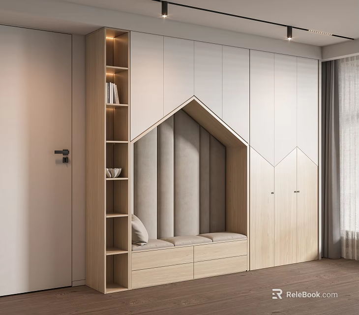 Modern Wooden Wardrobe Interior Design With Storage Drawers Shelves And Bench 3d model 