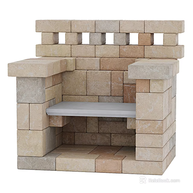 Brick Fireplace Interior With Layered Stone Structure And Metal Shelf Design 3d model