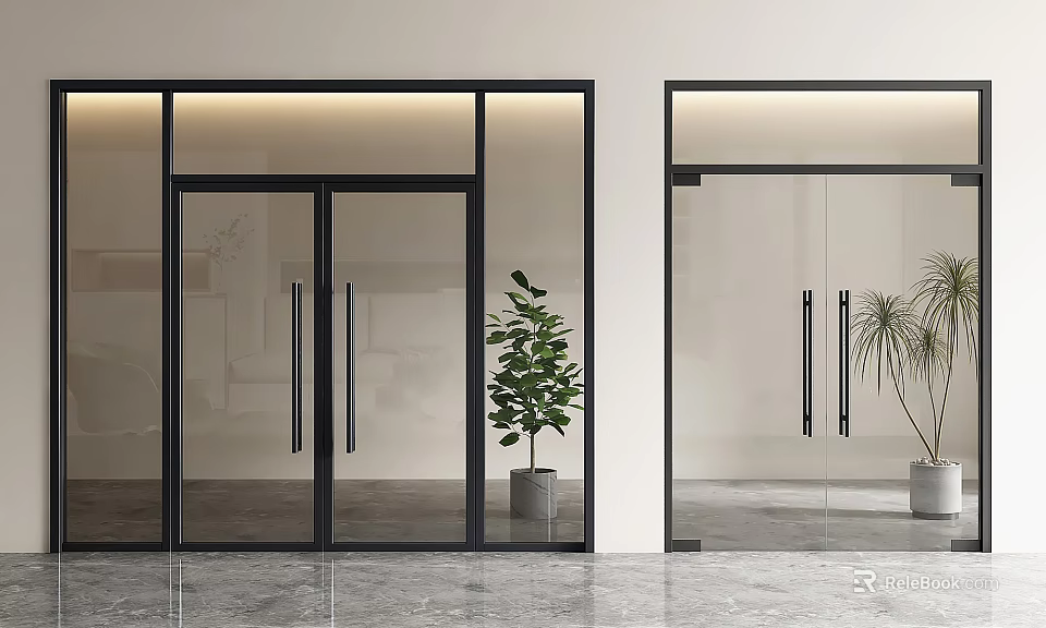 Modern Glass Double Doors in Interior Entrance With Black Frames and Green Plants 3d model 
