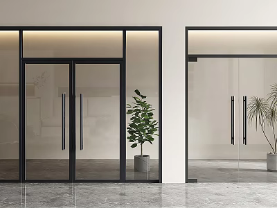 Modern Glass Double Doors in Interior Entrance With Black Frames and Green Plants 3d model