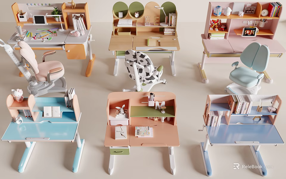 Various Stylish Study Desks With Matching Chairs Bookshelves And Stationery Items 3d model 