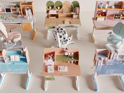 Various Stylish Study Desks With Matching Chairs Bookshelves And Stationery Items 3d model