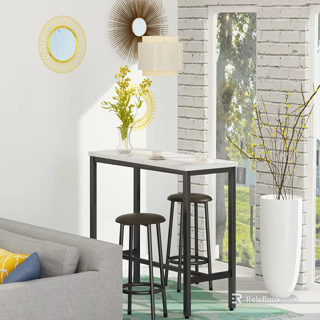 Dining Table Set With White Top Black Frame Stools Sofa Circular Mirrors And Pendant Light 3d model