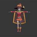 Magical Game Character In Red Dress With Purple Wizard Hat And Orange Cape Arms Outstretched