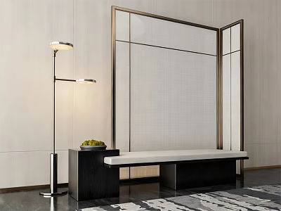 Modern Sofa Bench With Black Side Table Green Fruits Floor Lamp And Screen 3d model