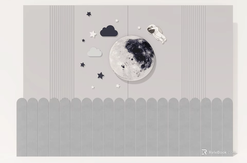 Kids Room Wall With Moon Astronaut Stars Clouds And Scalloped Bottom 3d model 