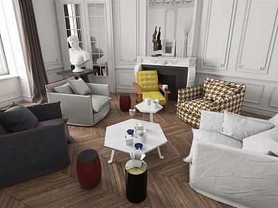 Elegant Yellow Single Sofa In Classic Living Room With Fireplace And Coffee Table 3d model