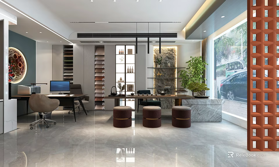 Modern Office Space Interior With Desk Computer Bookshelves Marble Counter Stools And Green Plant 3d model 