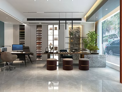 Modern Office Space Interior With Desk Computer Bookshelves Marble Counter Stools And Green Plant 3d model