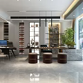 Modern Office Space Interior With Desk Computer Bookshelves Marble Counter Stools And Green Plant