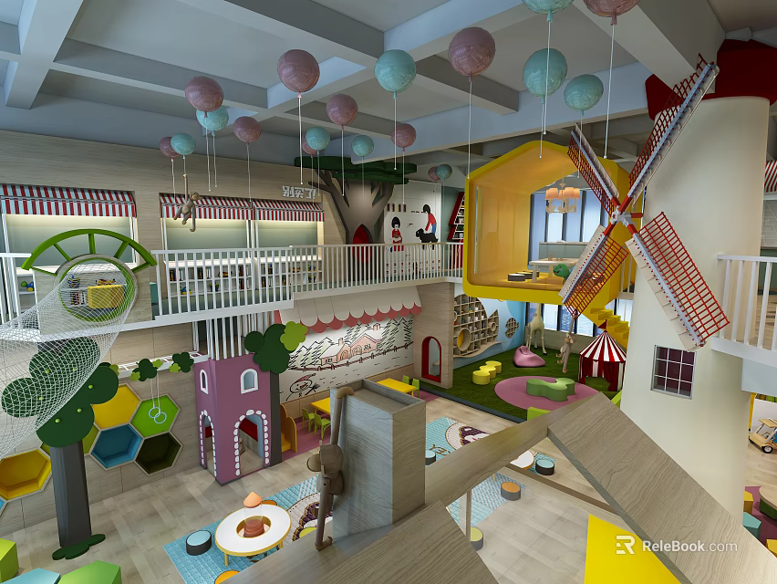 Modern Kindergarten Play Space With Colorful Balloons And Interactive Play Structures 3d model