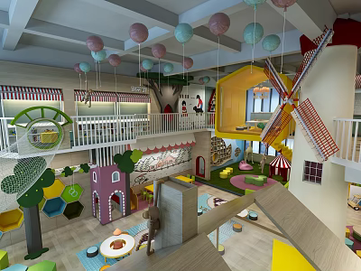 Modern Kindergarten Play Space With Colorful Balloons And Interactive Play Structures 3d model