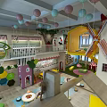 Modern Kindergarten Play Space With Colorful Balloons And Interactive Play Structures 3d model