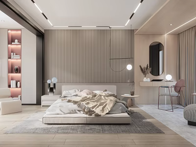 Modern Bedroom Interior With Striped Wall Platform Bed And Wooden Accents 3d model