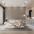 Modern Bedroom Interior With Striped Wall Platform Bed And Wooden Accents