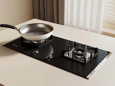 Modern Black Glass Gas Cooktop With Silver Frying Pan On Kitchen Countertop 3d model