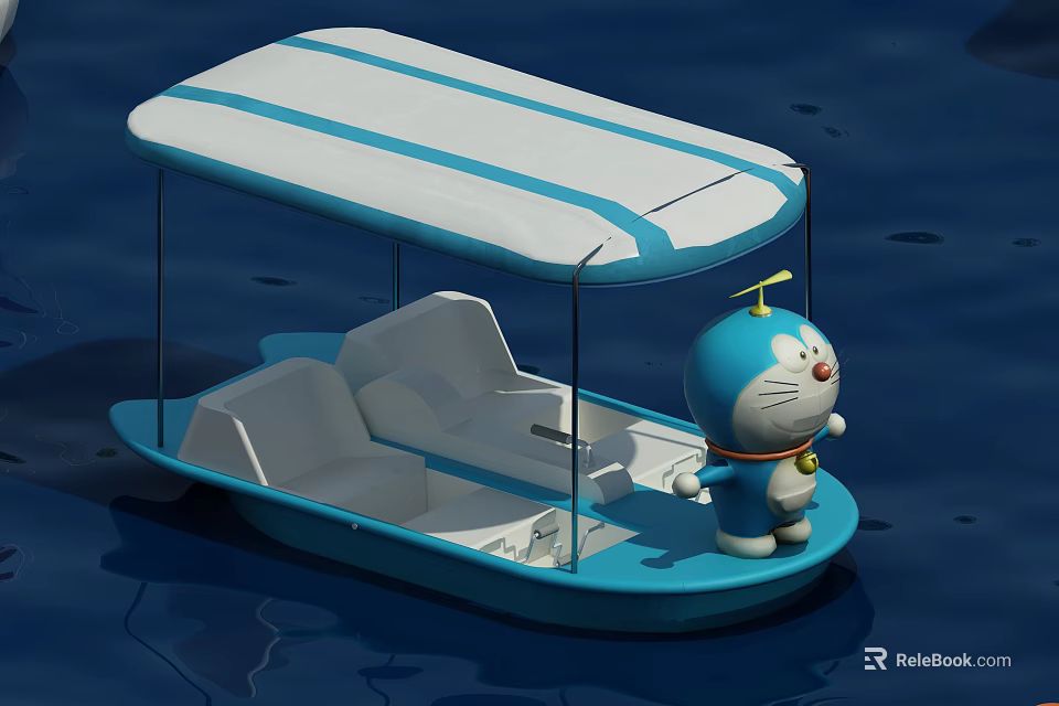 Blue Boat Shaped Play Equipment On Water With Canopy And Cartoon Character 3d model 
